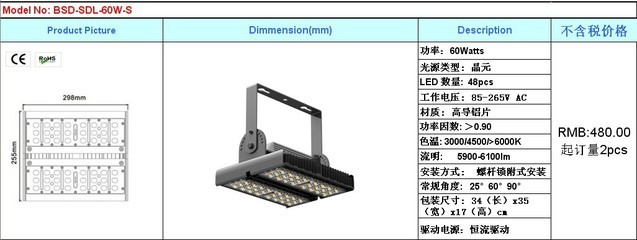 【照明供應LED隧道燈120W大功率防水射燈公路隧道照明燈具】價格,廠家,圖片,隧道燈,深圳市百事達光電-